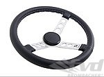 Rennline Steering Wheel - Black Leather - Black Horn Ring - Silver Spokes - Ø 360 mm