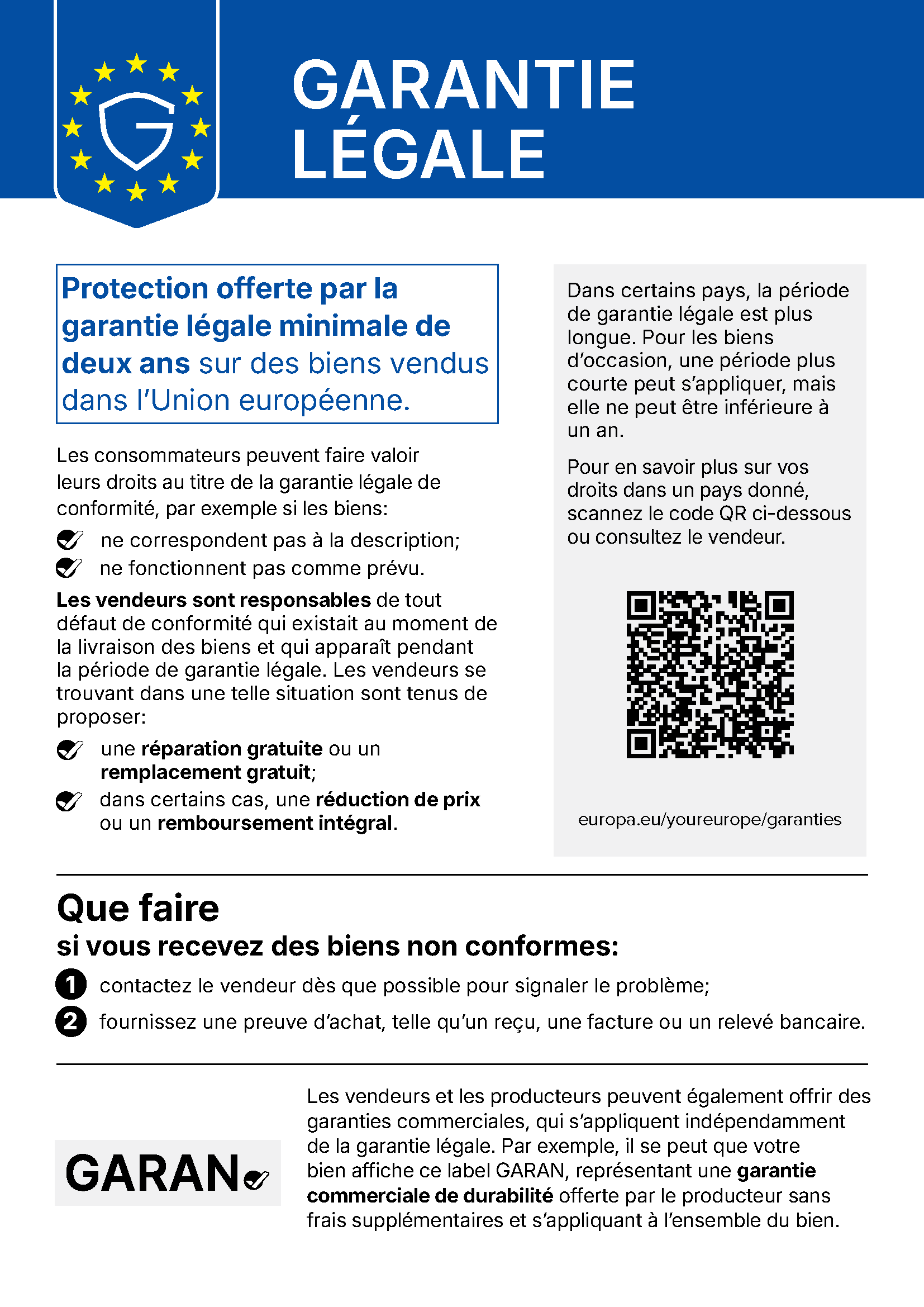 Notice harmonisée de l’UE sur la garantie légale. Le texte intégral est disponible sous « Texte de la notice ».