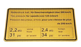 Klebeschild Reifendruck 200 Km/h