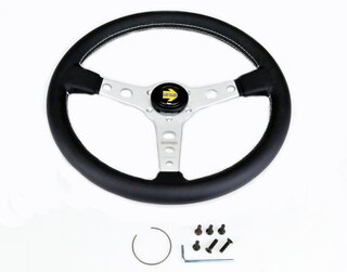 Volant Momo Prototipo 370mm cuir noir sans ABE, branches argent