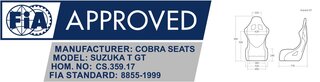 Cobra Suzuka T Motorsport Seat - GT Width (+30 mm) - Black Bolsters / Black Inserts - FIA Approved
