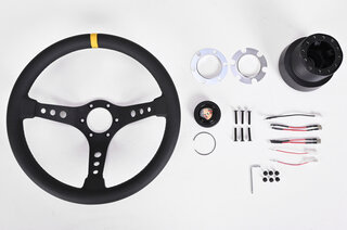 Volant mod.07 cuir noir Ø350mm+moyeu adaptateur suppression AB+touche klaxon avec écusson