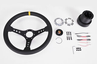 Volant mod.07 cuir noir Ø350mm+moyeu adaptateur suppression AB+touche klaxon avec écusson