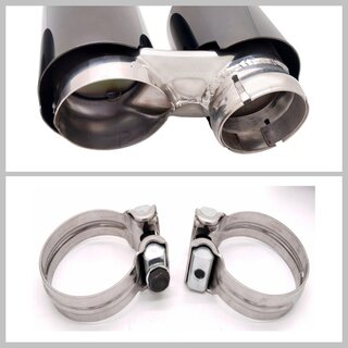 Sorties échappement sport doubles 2x89mm, rondes, bords roulés, finition noir brillant /chrome noir